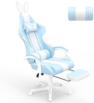 Light Blue Gaming Chair with Bunny Ears Cute Gamer Chair with Footrest and Massage Racing Reclining Leather Chair