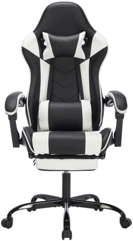 extrasleep Video Game Chairs with Footrest Ergonomic Gaming Chair for Adults with Massage Lumbar Support Adjustable Backrest Computer Gaming Chair Leather Desk Chair Black White
