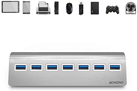 Achoro 7 Ports USB 3.0 Hub - Triangle Aluminum Alloy - High-Speed USB Port Expander - Compatible with PC iMac MacBook Windows Desktop and More – Computer Multiple USB HUB (Silver)