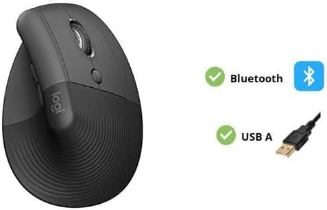 Logitech Lift Vertical Ergonomic Mouse Wireless Bluetooth or USB Receiver Quiet Clicks 4 Buttons Right Hand Wireless Mouse Windows/macOS/iPadOS Laptop PC - Graphite (Renewed)