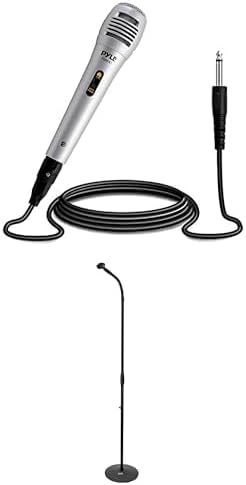 Pyle Bundle Wired Dynamic Microphone - Rugged Construction Inludes 6.5 ft XLR Audio Cable Wire (PDMIK1) Universal Microphone Stand Height Adjustable w/Pivotable Gooseneck Mount