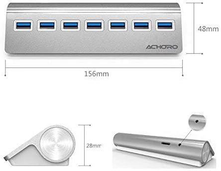 Achoro 7 Ports USB 3.0 Hub - Triangle Aluminum Alloy - High-Speed USB Port Expander - Compatible with PC iMac MacBook Windows Desktop and More – Computer Multiple USB HUB (Silver)