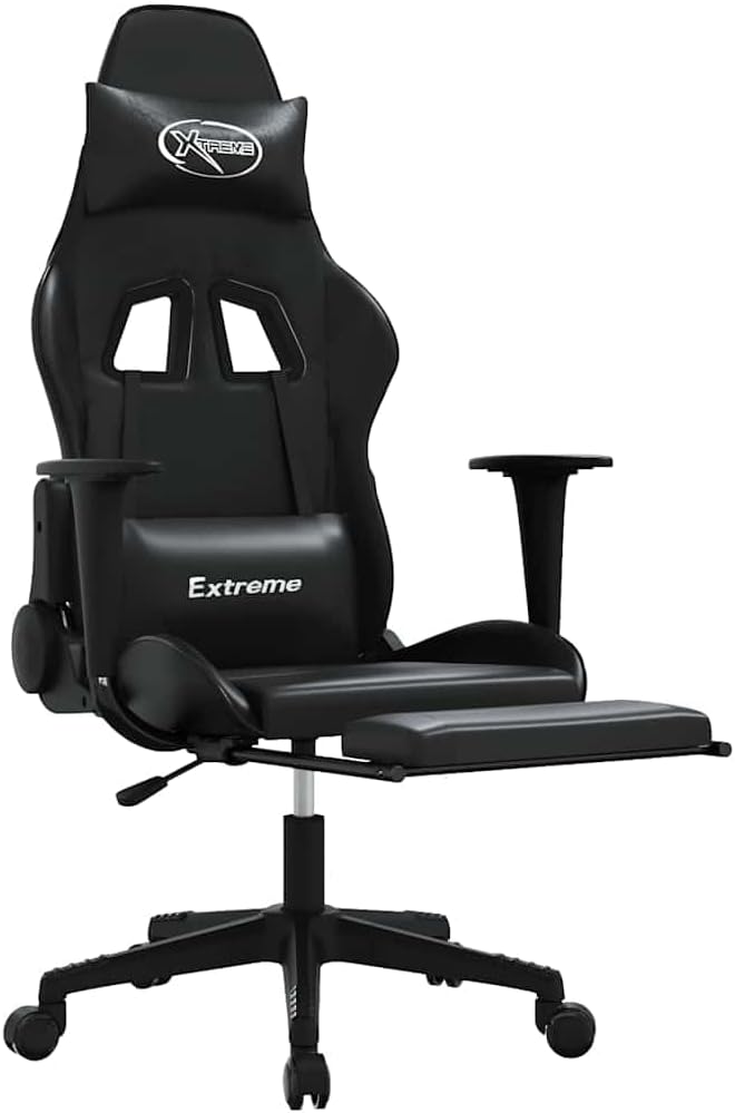 Massage Gaming Chair with Footrest Black Faux Leather Reclining Office Chair 4D Adjustable Ergonomic Support