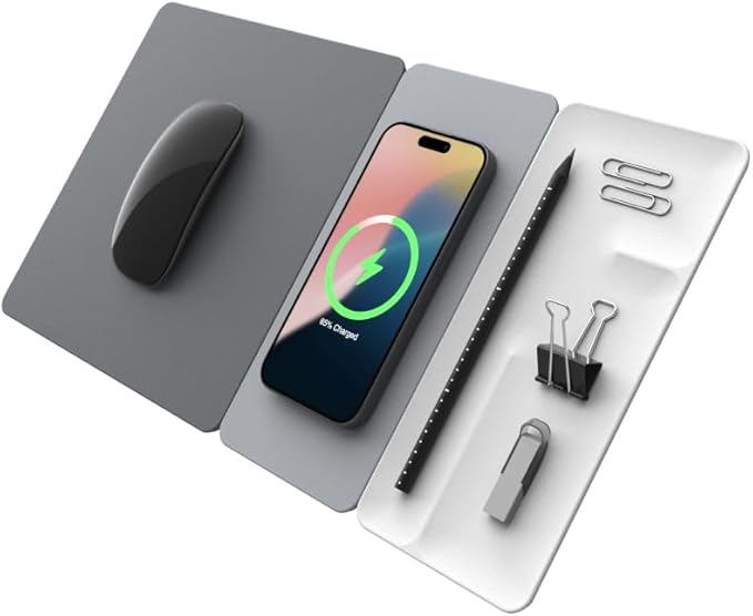 POUT H3 Split Max 3-in-1 Wireless Charging Mouse Pad – Fast Qi Charger Mousepad Mat and Magnetic Tray Organizer – Compatible with Smartphones and Earbuds (Graphite Grey)