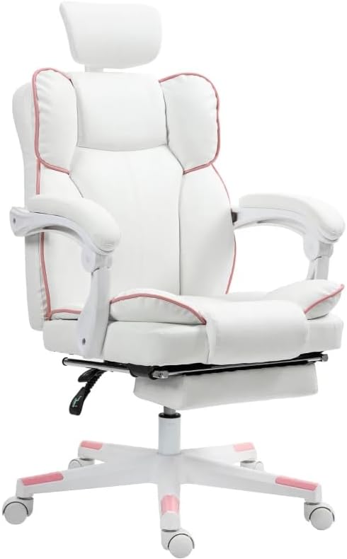 Ergonomic Office Desk Gaming Computer Chair Comfy High Back Executive Chairs with Armrests and Footrest Adjustable Height Swivel Rolling PU Leather Video Game Chairs for Home (White)