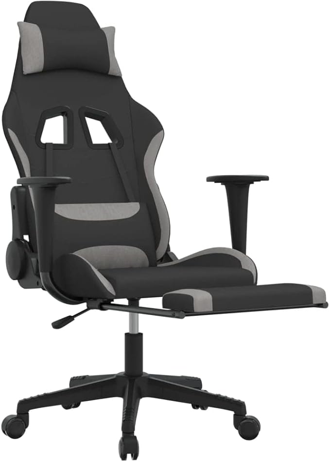 Massage Gaming Chair with Footrest Black and Light Gray Fabric