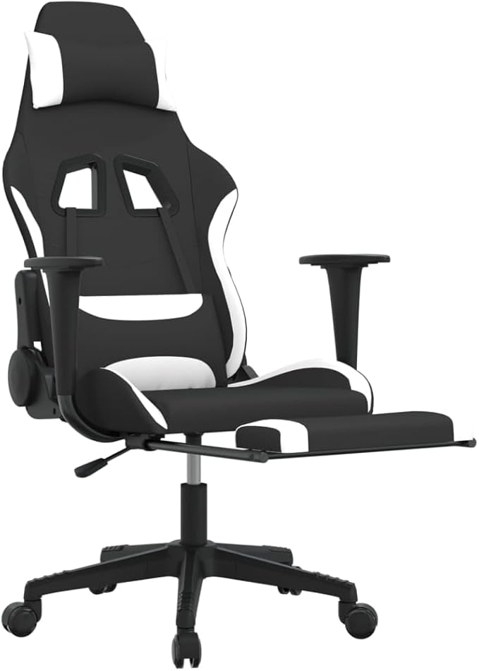 Ergonomic Gaming Chair with Adjustable Armrests Footrest Swivel Function Polyester Fabric Black and White