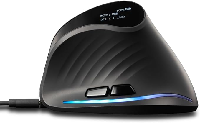 zelotes Bluetooth Wireless Vertical Mouse with DisplayRechargeableDual Mode (BT 5.0/3.0 + 2.4G USB Receiver)4000 DPI(5-Level Adjustable)Optical Portable Ergonomic Mouse for PCLaptopTabletsBlack