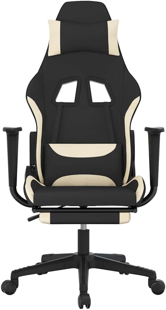 Black and Cream Fabric Massage Gaming Chair with Retractable Footrest Ergonomic Reclining Computer Desk Chair for Adults Lumbar Support 360-Degree Swivel