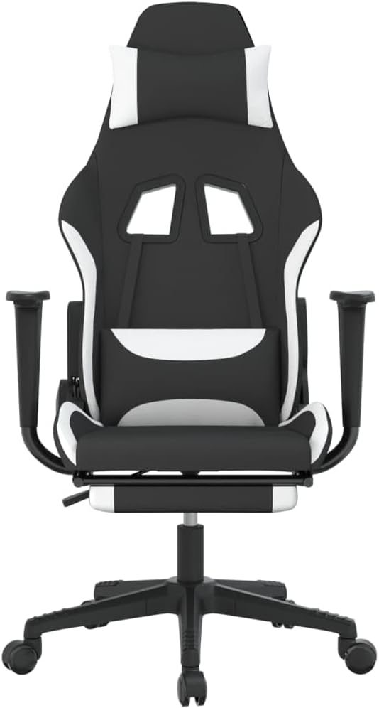 Massage Gaming Chair with Footrest and Lumbar Support Computer Chair Height Adjustable Game Chair with 360°-Swivel Seat and Headrest Black and White Fabric