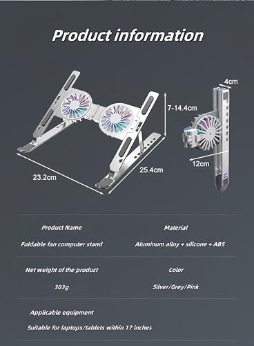 Adjustable Laptop Cooling Stand with 2 Quiet RGB Fans Foldable Ergonomic Design for 10-17” Laptops Aluminum Alloy Perfect for Gaming Office &amp DJ Use