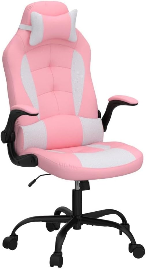 Meet perfect Pink Gaming Chair for Adults Ergonomic Computer Chair w/Flip Up Armrest and Lumbar Support Adjustable Office Gamer Chair with 360° Swivel Seat and Headrest 250lb Capacity