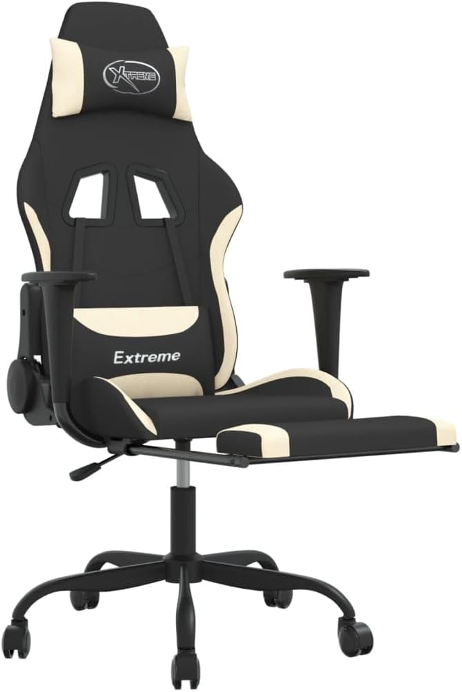 Massage Gaming Chair with Footrest Black and Cream Fabric Gaming Chair with Ergonomic Design Adjustable Features - for Gamers and Office Use