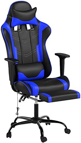 Gaming Chair Office Chair Desk Chair Massage PU Leather Recliner Racing Chair with Headrest Armrest Footrest Rolling Swivel Task PC Ergonomic Computer Chair for Back Support Blue