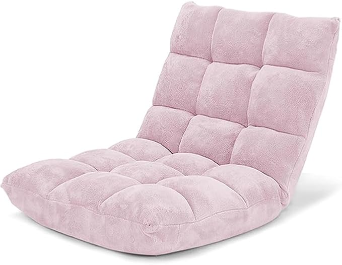 KOMFOTT 14-Position Adjustable Floor Chair with Back Support - Folding Padded Gaming Sofa Chair for Reading Meditation Living Room Lazy Lounge Video Gaming - Light Pink