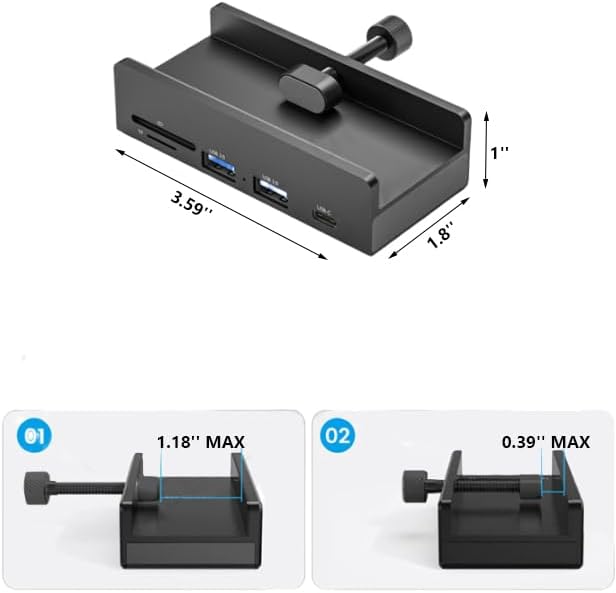 USB C Hub Clamp Aluminum 2-Port USB 3.0 USB C Data Port SD/TF Card Reader for 0.39''-1.18'' Thickness Desktop PC DesksMonitor Stand Desktop Powered USB Hub and Cell Phone Holder (Black)