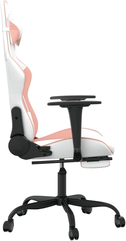 White and Pink Faux Leather Gaming Chair with Retractable Footrest Ergonomic Computer Desk Seat for Adults Swivel Reclining Office Chair with Lumbar Support