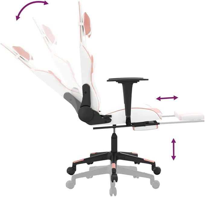 vidaXL White and Pink Gaming Chair with Adjustable Armrests Reclining Mechanism Faux Leather Design for Office Use Modern Ergonomic Footrest Included Chairs Swivel Racing Desk