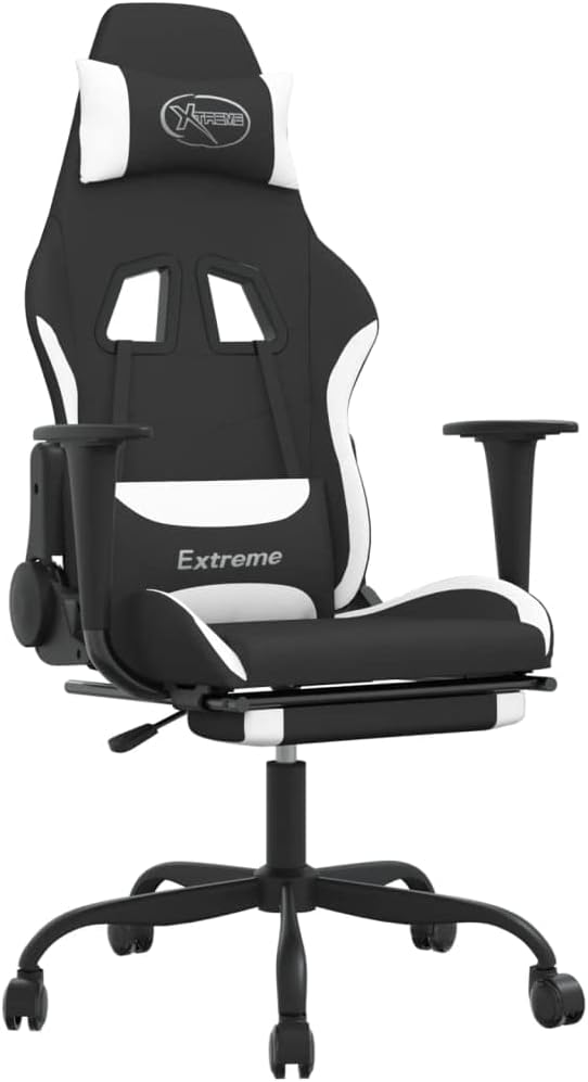 Massage Office Gaming Chair with Footrest Fabric Massage Office Chair Ergonomic Desk Chair Rolling Swivel Adjustable PC Computer Chair for Women Adults Girls(Black&ampWhite)
