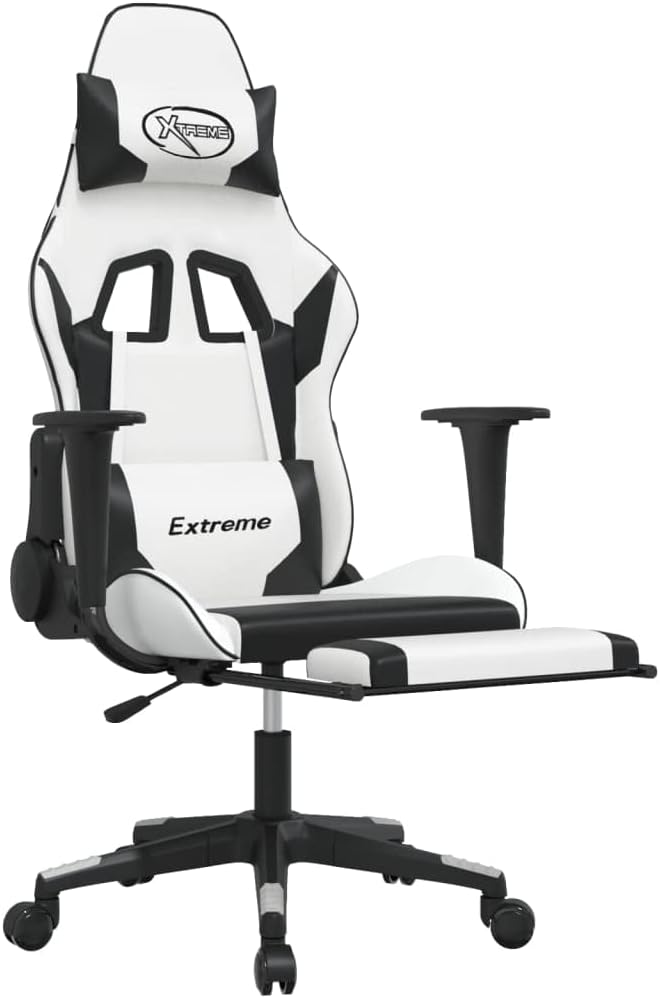Massage Gaming Chair with Footrest White&ampBlack Faux Leather (Weight: 36.6 lbs)