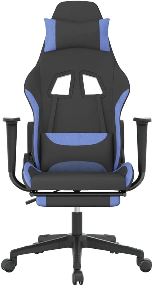Gaming Chair with Adjustable Armrests and Reclining Backrest Black and Blue Fabric Height-Adjustable Includes Footrest Durable Plywood and Metal Frame for Home Office