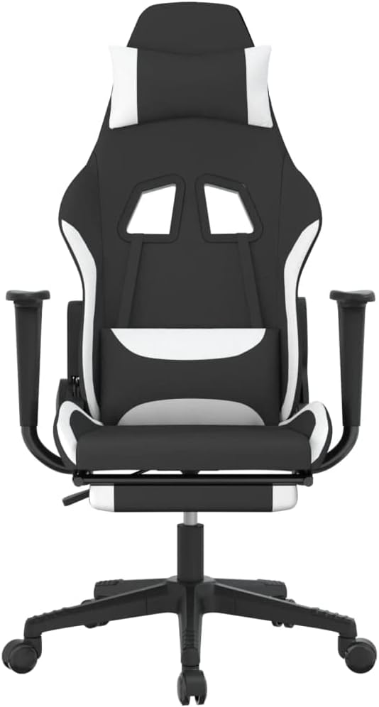 Gaming Chair with Footrest Ergonomic Office Chair Computer Chair with Footrest and Lumbar Support Height Adjustable Game Chair with 360°Swivel Seat Black and White Fabric -AA