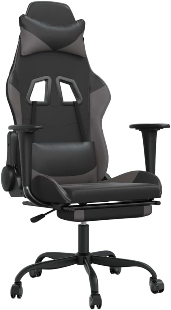 Massage Gaming Chair with Footrest Black&ampGray Faux Leather Gaming Chair with Ergonomic Design Adjustable Features - for Gamers and Office Use