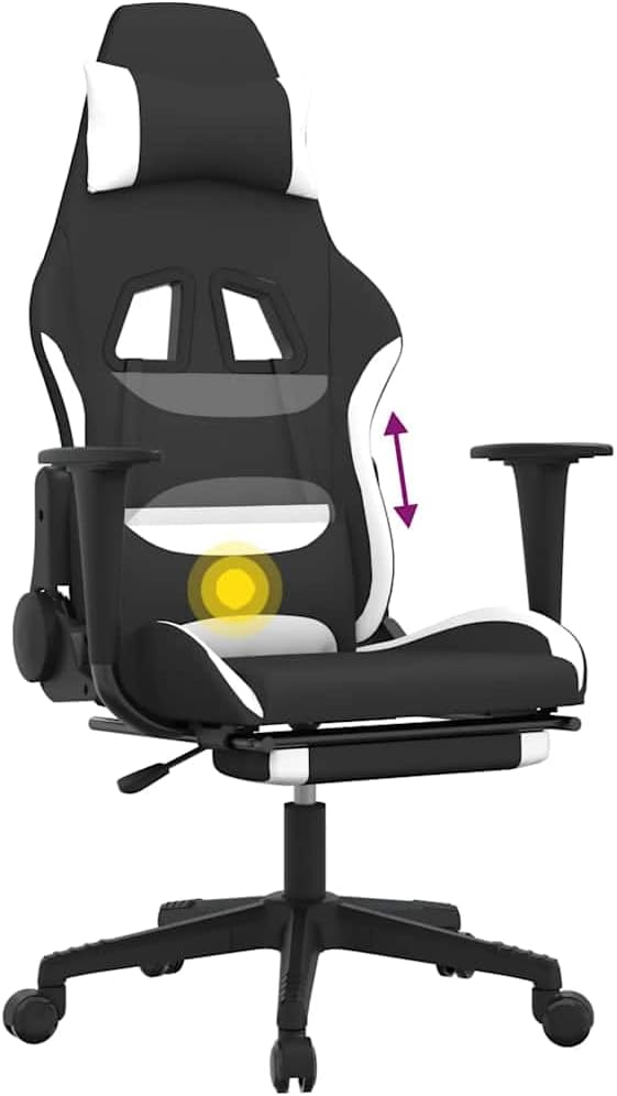 vidaXL Massage Gaming Chair for Adult Reclining Computer Chair with Footrest and Headrest Height Adjustable Office Chair with 360°-Swivel Castors Black and White Fabric