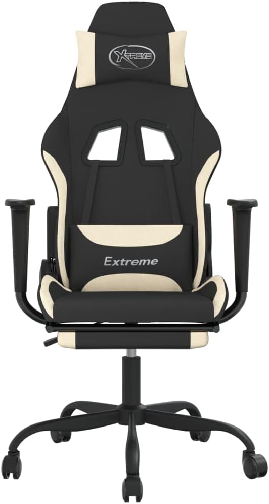 Massage Gaming Chair with Footrest Black and Cream Fabric Gaming Chair with Ergonomic Design Adjustable Features - for Gamers and Office Use