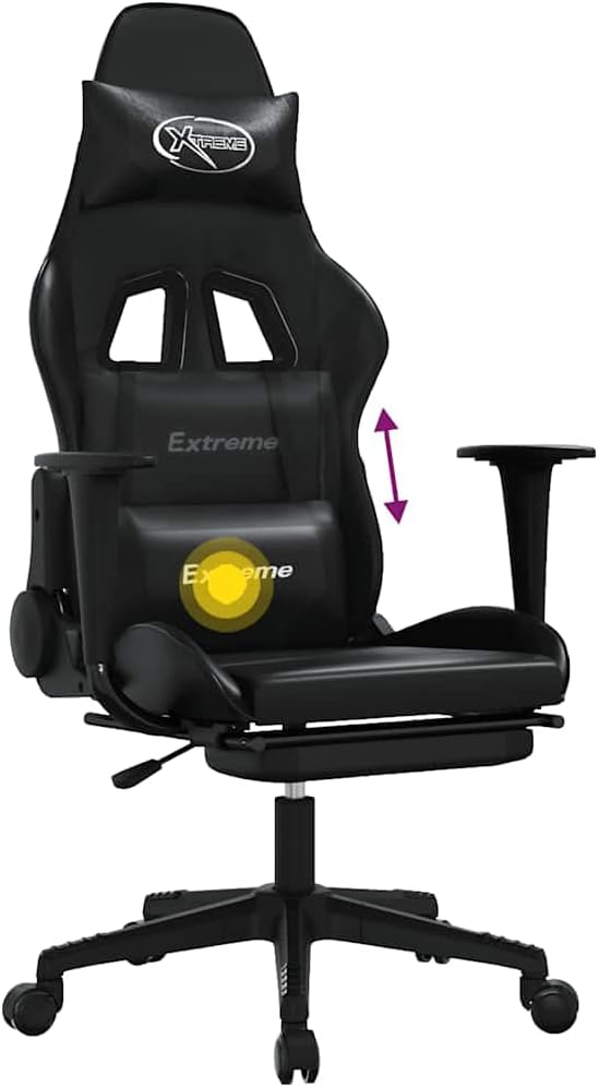 Massage Gaming Chair with Footrest Black Faux Leather Reclining Office Chair 4D Adjustable Ergonomic Support
