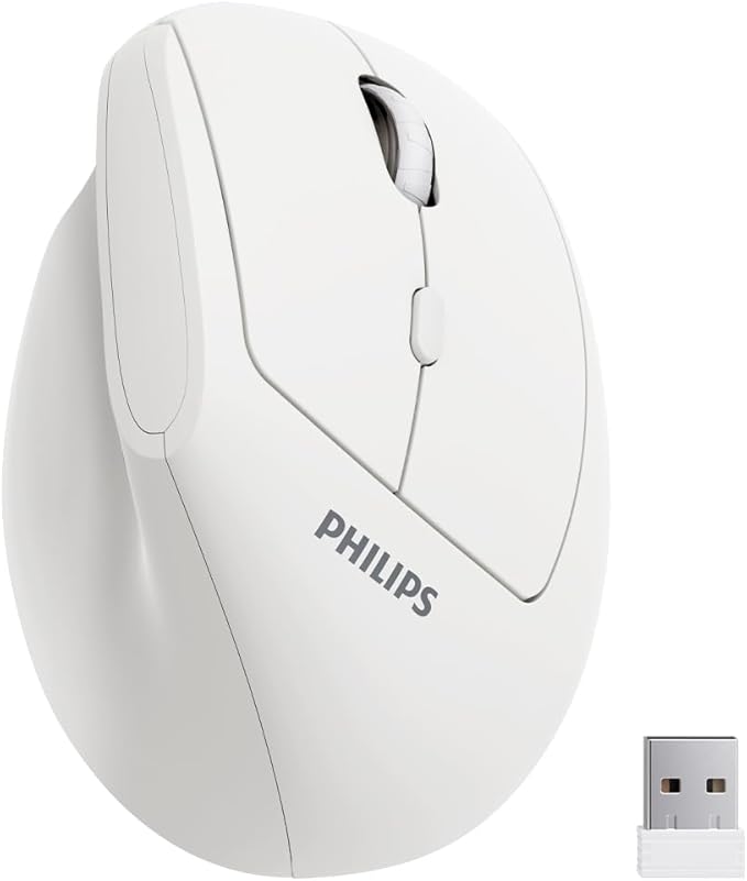 Philips Ergonomic Mouse - Vertical Mouse with 800/1200/1600 Adjustable DPI 6 Silent Buttons Auto Power SavingLight Weight2.4GHz Wireless Mouse for LaptopDesktop PC- White