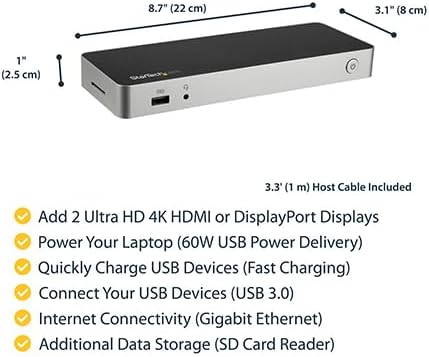 StarTech USB C Dock - Dual Monitor HDMI &amp DisplayPort 4K 30Hz - Laptop Docking Station 60W Power Delivery SD 4-Port USB-A 3.0 Hub GbE Audio - Thunderbolt 3 Compatible (DK30CHDDPPD)