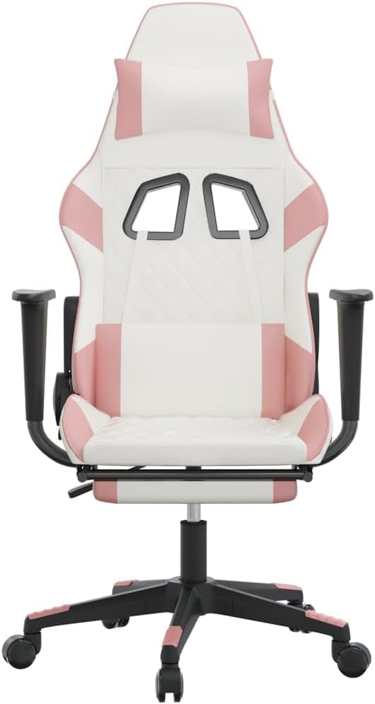 Massage Gaming Chair with Footrest and Lumbar Support Computer Chair Height Adjustable Game Chair with 360°-Swivel Seat and Headrest White&ampPink Faux Leather -AA