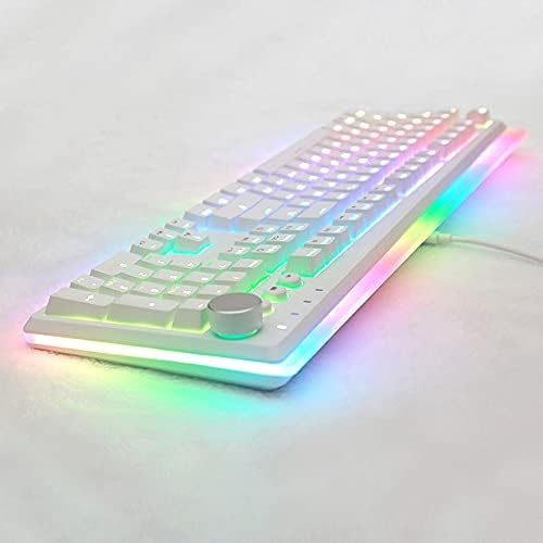 i-rocks K71M RGB Mechanical Gaming Keyboard with Media Control Knob Blue Switches 107 Keys w/Full NKRO PBT Keycaps Multimedia Hotkeys Detachable USB-C Cable and Onboard Storage White