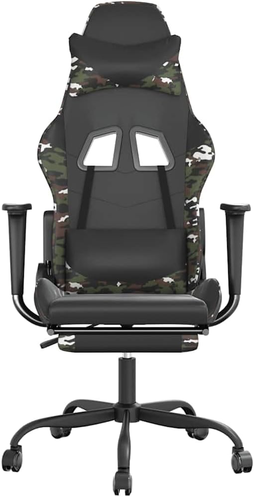 Gaming Chair Black and Camouflage Faux Leather with Massage Function and 360-Degree Swivel Height Adjustment Comfortable Footrest Sturdy Metal and Plywood Frame for Home