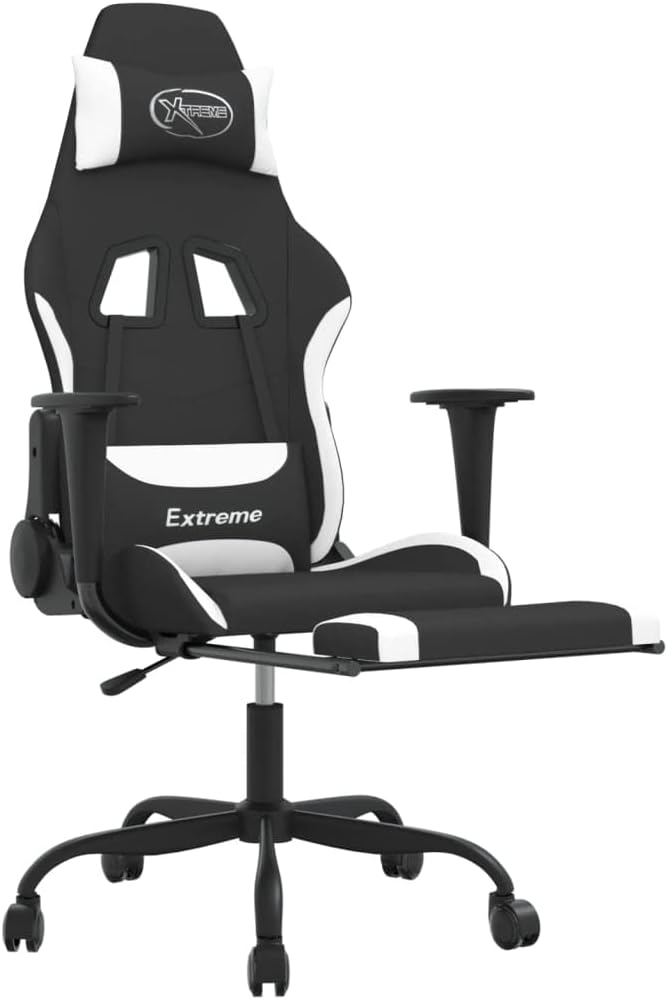 Massage Office Gaming Chair with Footrest Fabric Massage Office Chair Ergonomic Desk Chair Rolling Swivel Adjustable PC Computer Chair for Women Adults Girls(Black&ampWhite)