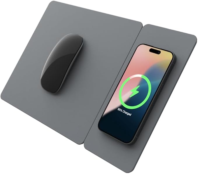 POUT H3 Split Wireless Charging Mouse Pad – Fast Qi Charger with Magnetic Attachment – Smooth Surface &amp Anti-Slip Base – Compatible with Smartphones and Earbuds (Dust Gray)