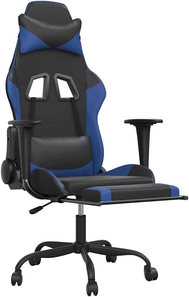 Massage Gaming Chair with Footrest Black &amp Blue Faux Leather Ergonomic Reclining Computer Desk Chair with Lumbar Support for Home Office