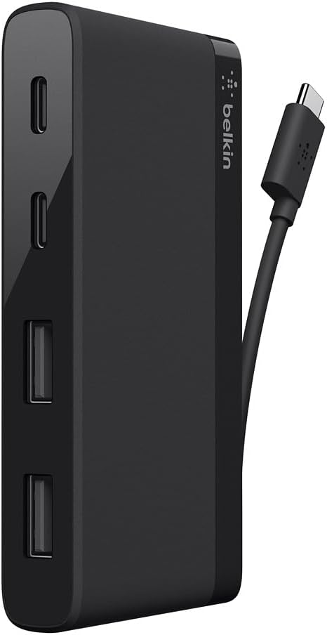 Belkin 4-Port USB C Hub - Ultra Portable Design - USB Type C Hub Docking Station With Two USB C &amp Two USB A Ports - USB Hub Connects Via USB C Cable - USB Adapter - No Pass-Through Charging