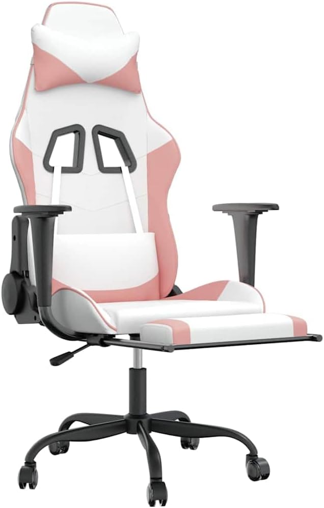 White and Pink Gaming Chair with Massage Function and Adjustable Armrests Ergonomic Swivel Recliner with Memory Foam Cushion for Home Office and Gaming Setup