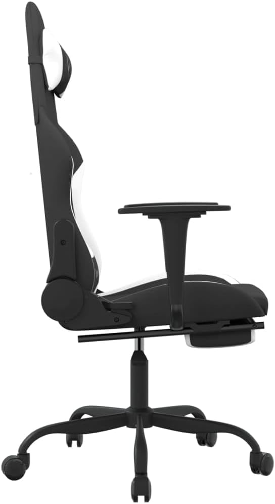 Gaming Chair Black and White Fabric Adjustable Armrests Reclining 120-135 Degrees Durable Polyester Plywood Frame Smooth-Gliding Wheels Ergonomic Support