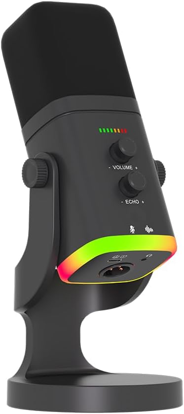 USB/XLR Desktop Dynamic Microphone with RGB Light Noise Reduction &amp Mute Button for Podcast Recording PC Computer Gaming Streaming Mic with RGB Light Mute Button Headphones Jack (Black)