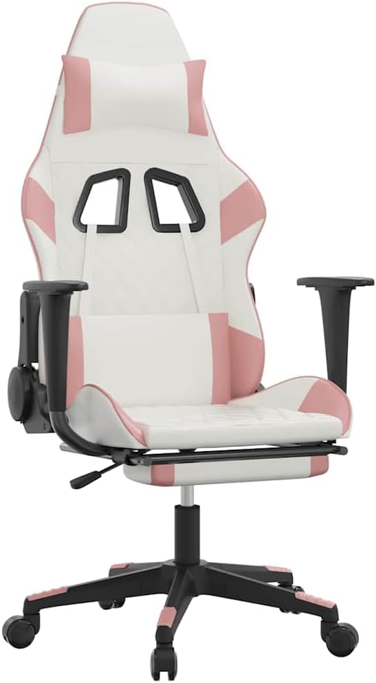 White Pink Faux Leather Gaming Chair Ergonomic Reclining Office Desk Chair with Footrest USB Massage Lumbar Support