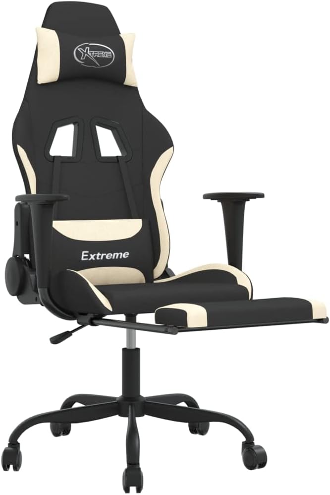 Massage Office Gaming Chair with Footrest Fabric Massage Office Chair Ergonomic Desk Chair Rolling Swivel Adjustable PC Computer Chair for Women Adults Girls(Black&ampCream)