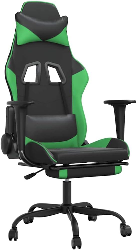 Adjustable Gaming Chair with USB Massage Feature Black and Green Faux Leather Upholstery Ergonomic Support and Memory Foam Cushion for Home Office and Gaming Setup