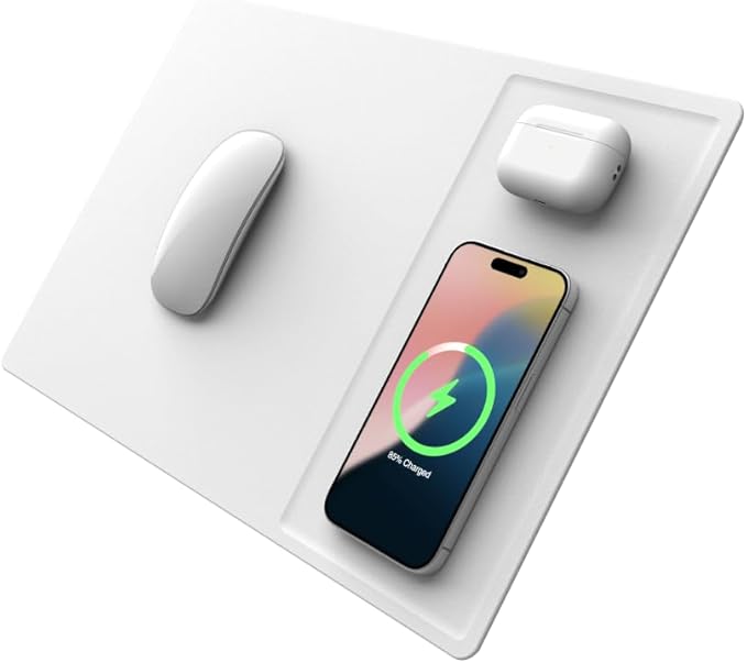 POUT H3 PRO Dual Qi Wireless Charging Mouse Pad – Dual Fast Wireless Chargers for Smartphones and Earbuds – Smooth Surface with Anti-Slip Base for Home and Office Use (Polar White)