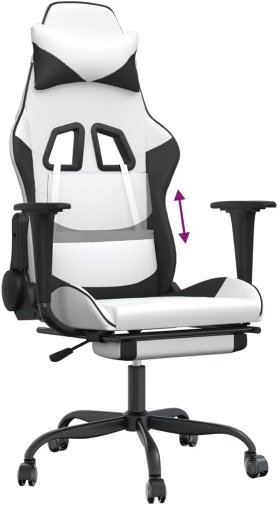vidaXL Adjustable Gaming Chair with Footrest - Faux Leather Comfortable Seat Foam Filled Cushions Modern Stylish Design - Perfect for Gamers - White and Black.