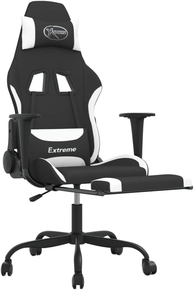 Gaming Chair Black and White Fabric Adjustable Armrests Reclining 120-135 Degrees Durable Polyester Plywood Frame Smooth-Gliding Wheels Ergonomic Support