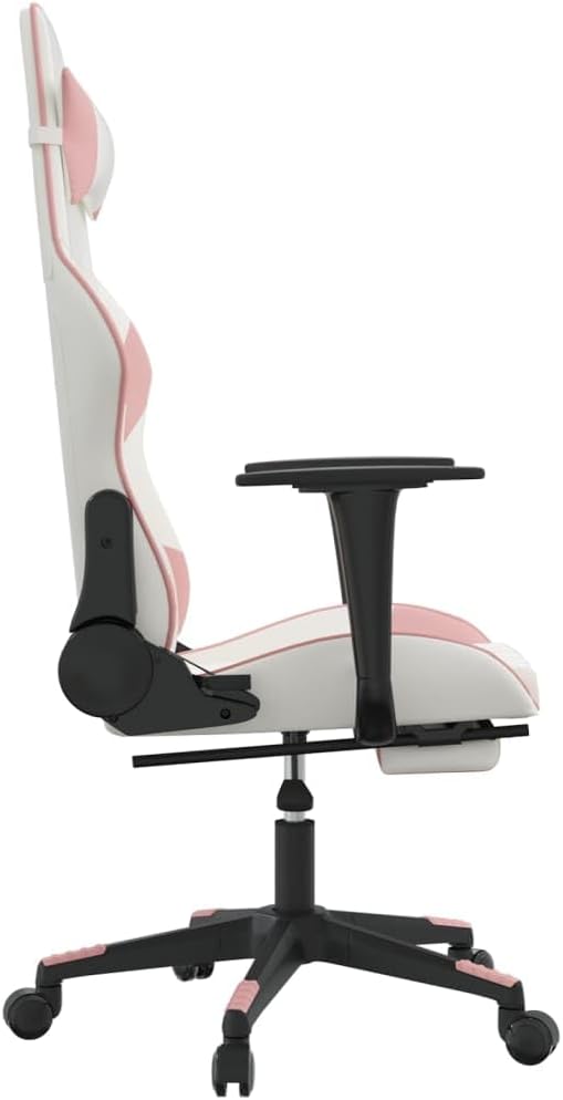 Massage Gaming Chair with Footrest and Lumbar Support Computer Chair Height Adjustable Game Chair with 360°-Swivel Seat and Headrest White&ampPink Faux Leather -AA