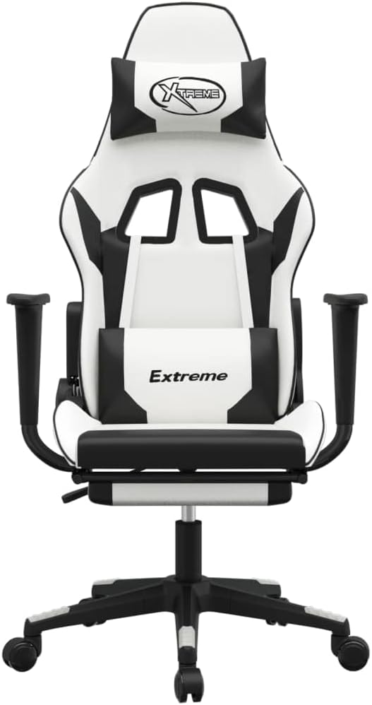 Massage Gaming Chair with Footrest White&ampBlack Faux Leather (Weight: 36.6 lbs)